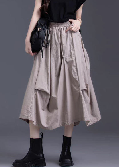 Khaki Asymmetrical Wrinkled Elastic Waist Cotton Skirt