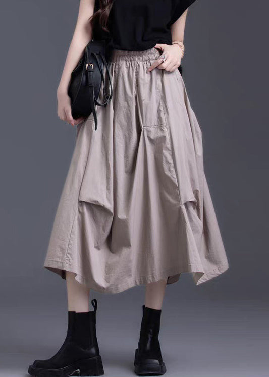Khaki Asymmetrical Wrinkled Elastic Waist Cotton Skirt