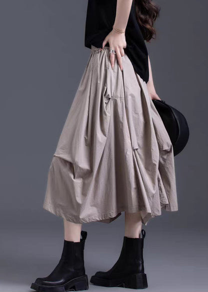 Khaki Asymmetrical Wrinkled Elastic Waist Cotton Skirt