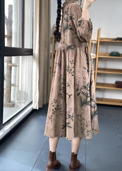 Khaki Button Ruffled Print Dress Spring