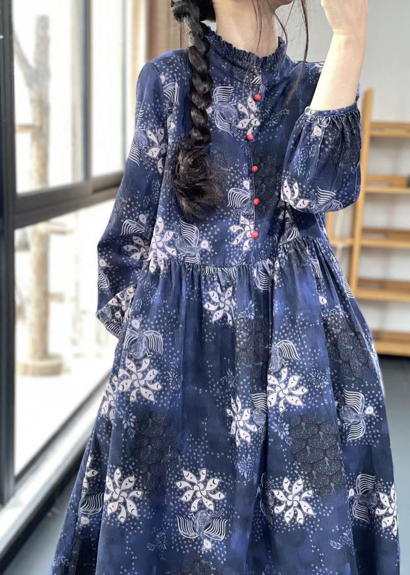 Khaki Button Ruffled Print Dress Spring