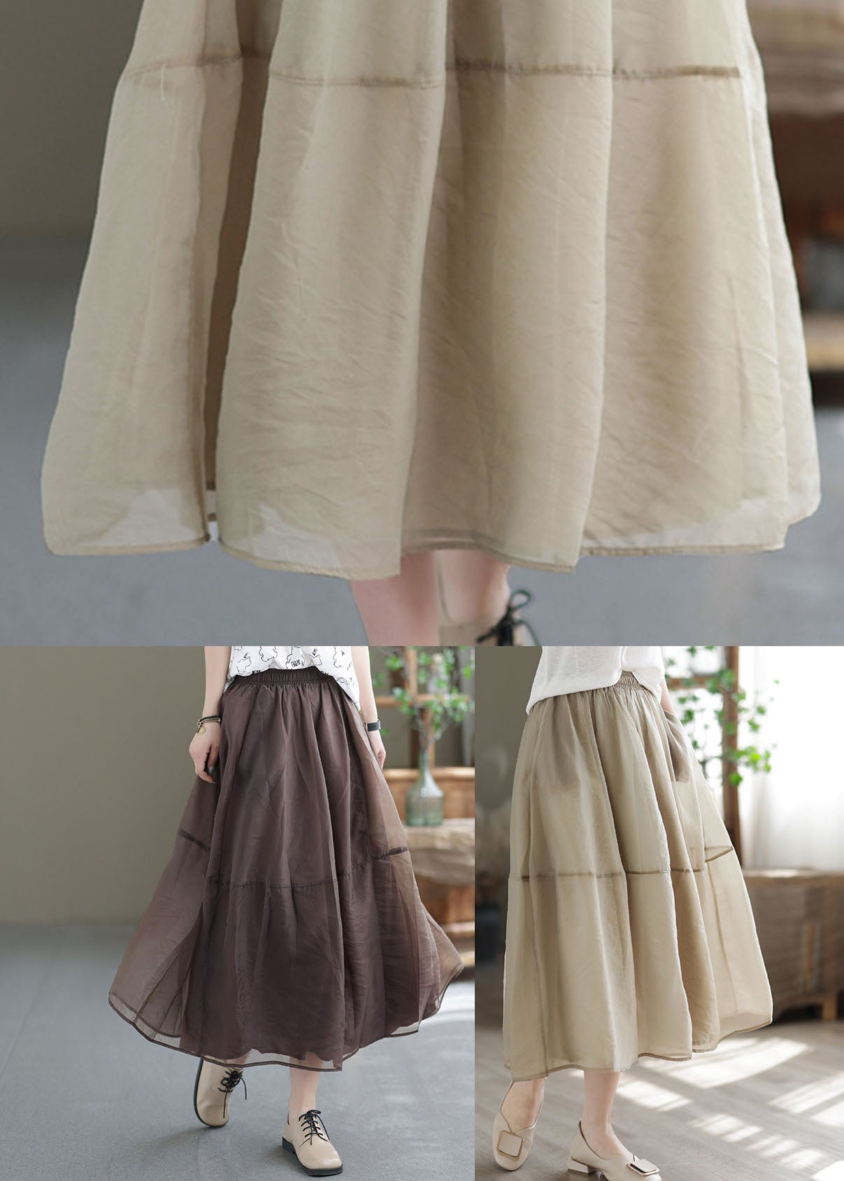 Khaki Elastic Waist Patchwork Organza Skirts Spring