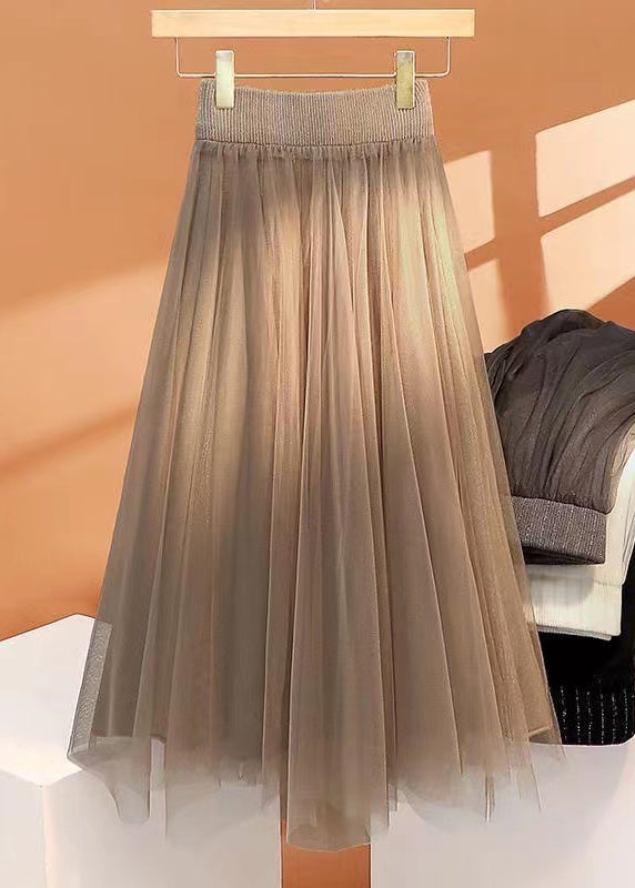 Khaki High Waist Wrinkled Asymmetrical Tulle Skirt Spring