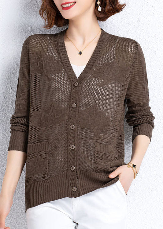 Khaki Hollow Out Embroideried Patchwork Thin Knit Cardigan Fall