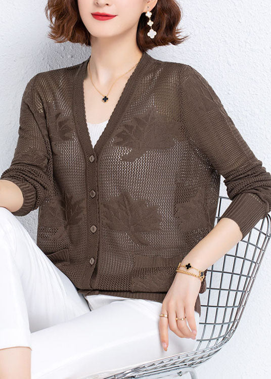Khaki Hollow Out Embroideried Patchwork Thin Knit Cardigan Fall