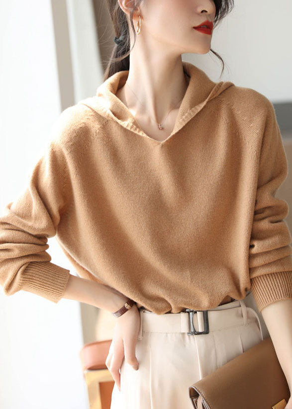 Khaki Hooded Oversized Wool Knit Sweater Tops Spring
