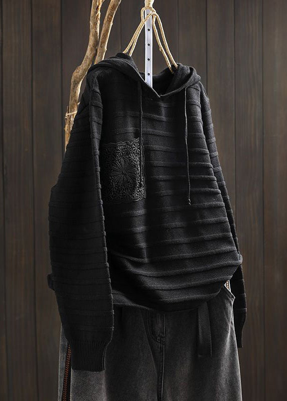 Khaki Hooded Pockets Cotton Knit Sweaters Long Sleeve