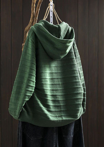 Khaki Hooded Pockets Cotton Knit Sweaters Long Sleeve
