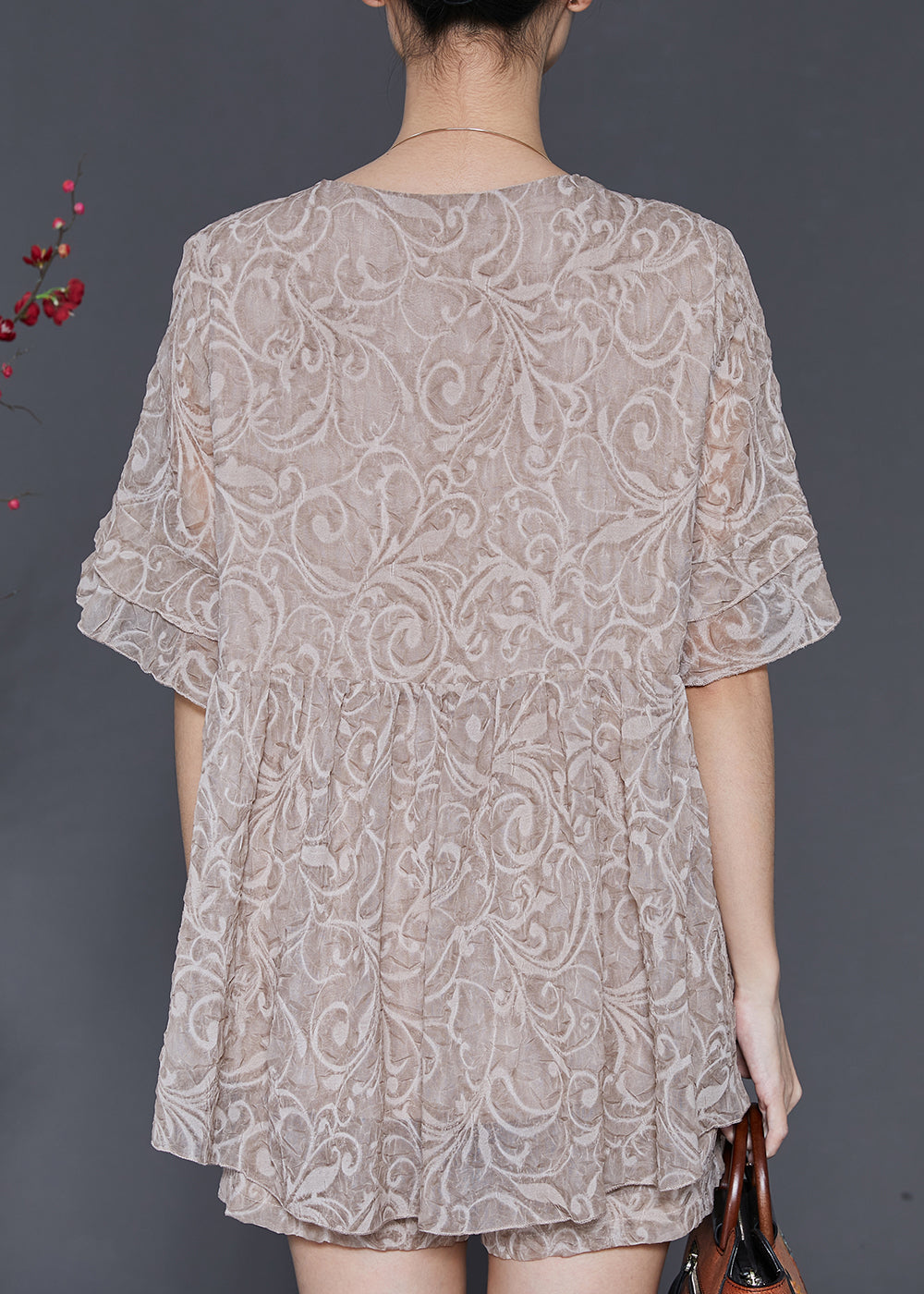 Khaki Jacquard Patchwork Lace Two Pieces Set Summer