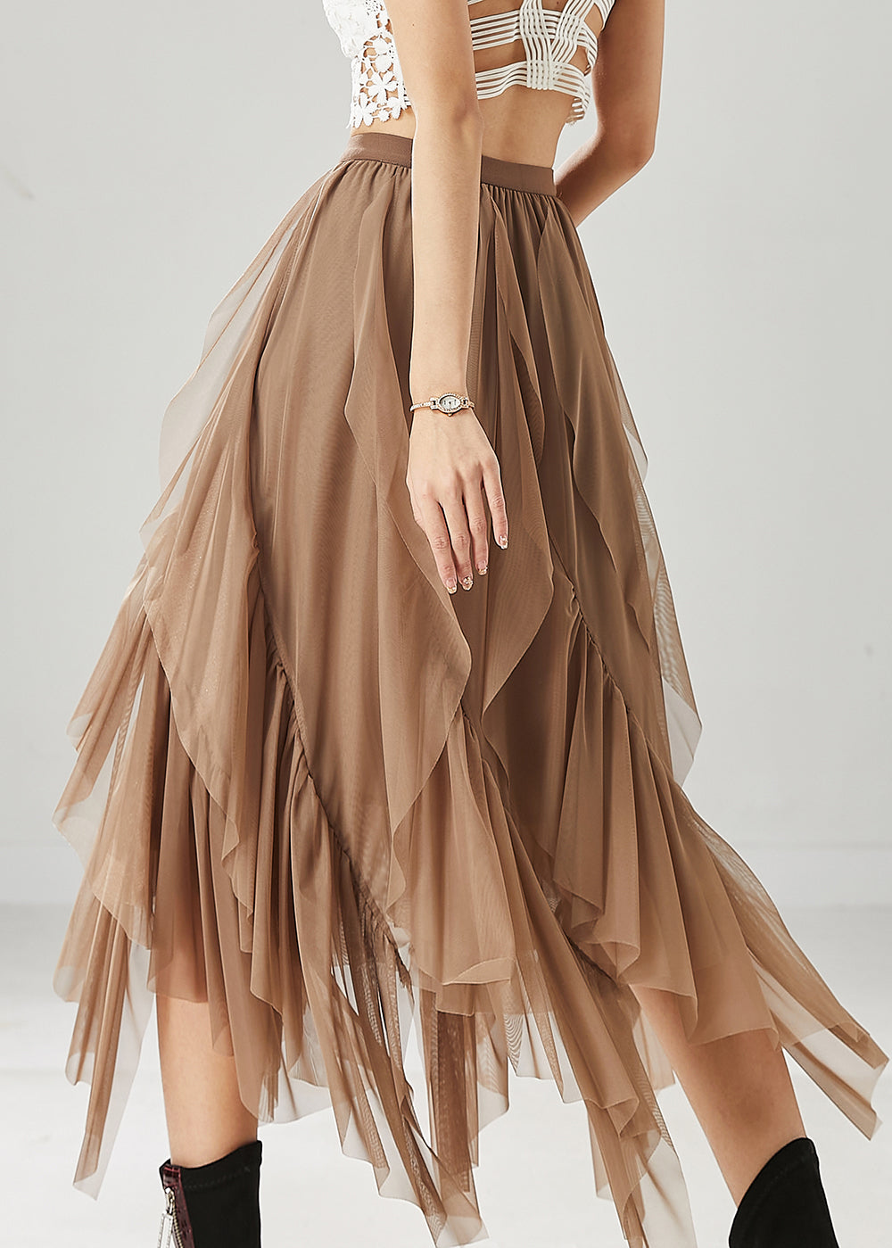 Khaki Layered Ruffleds Chiffon Skirt Summer