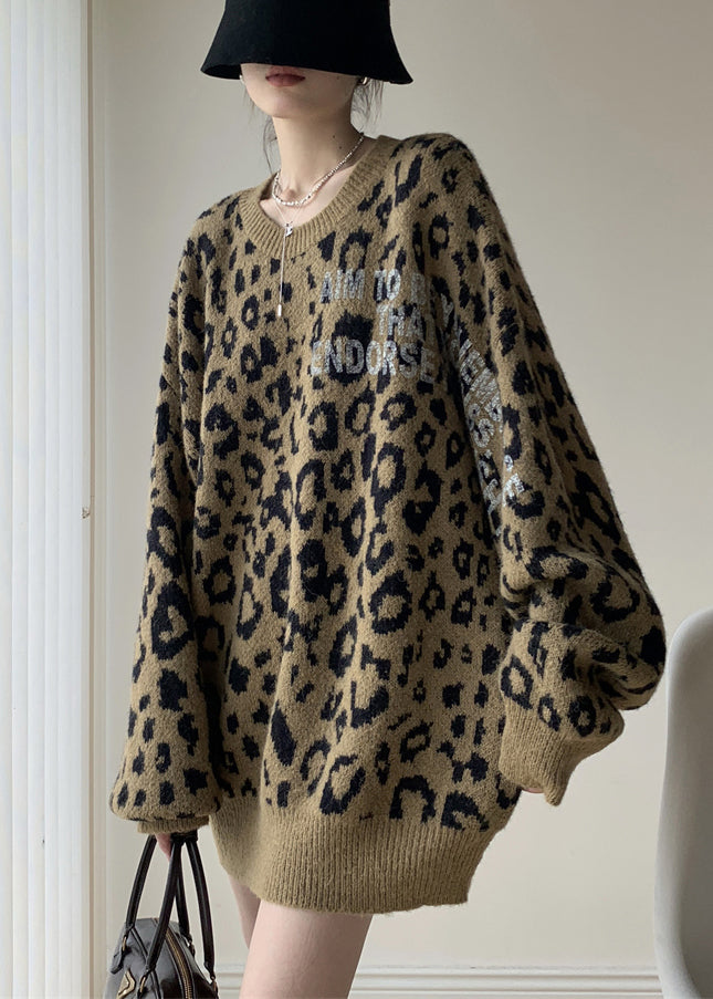 Khaki Leopard O Neck Cozy Knit Sweater Spring