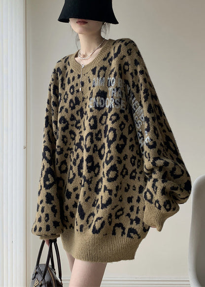 Khaki Leopard O Neck Cozy Knit Sweater Spring