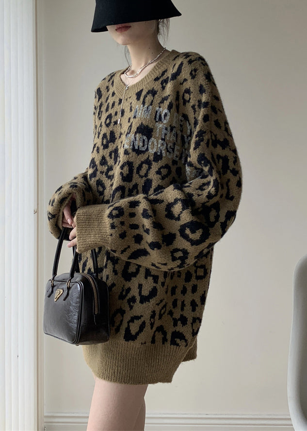 Khaki Leopard O Neck Cozy Knit Sweater Spring