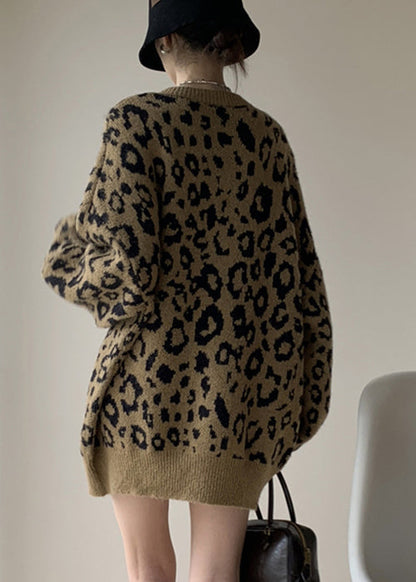 Khaki Leopard O Neck Cozy Knit Sweater Spring