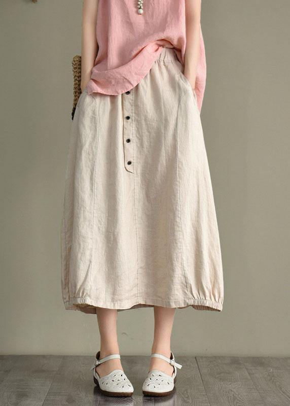Khaki Linen Elastic Waist Button Skirt