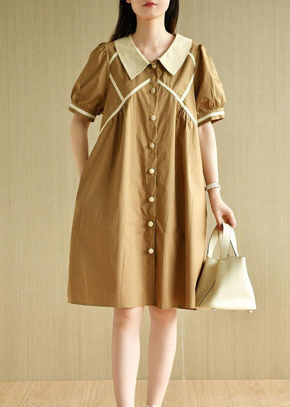 Khaki Loose Puff Sleeve a Line Summer Cotton Dress