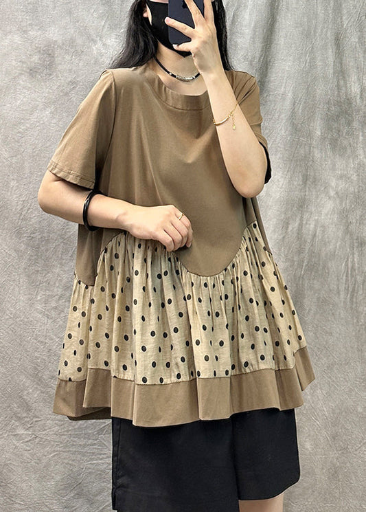 Khaki O Neck Dot Patchwork Cotton T Shirts Top Summer