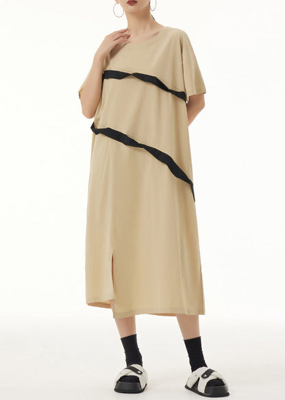 Khaki O Neck Front Open Patchwork Cotton Dresses Short Sleeve