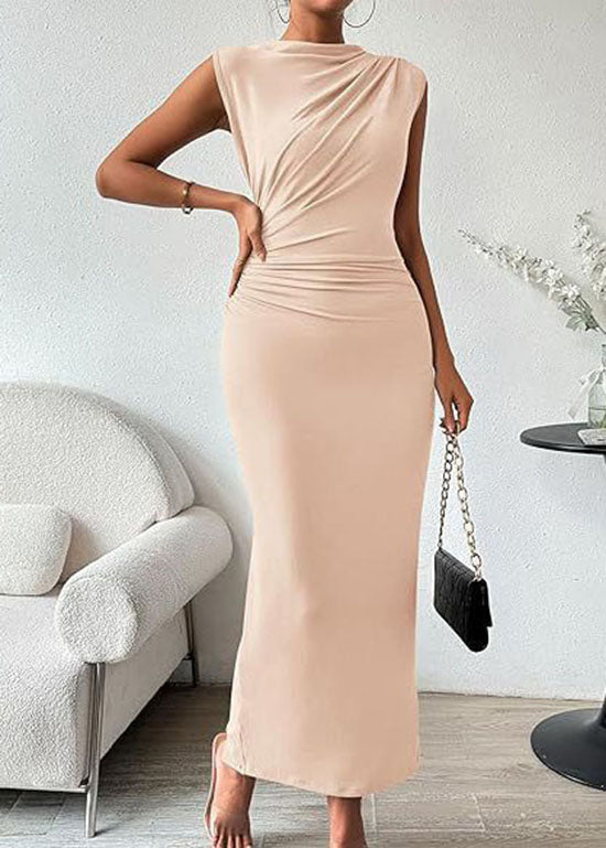 Khaki O Neck Wrinkled Cotton Long Dresses Sleeveless
