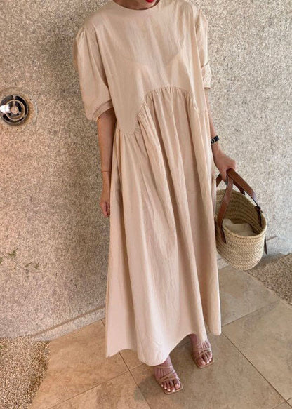 Khaki O Neck Wrinkled Patchwork Cotton Dresses Summer
