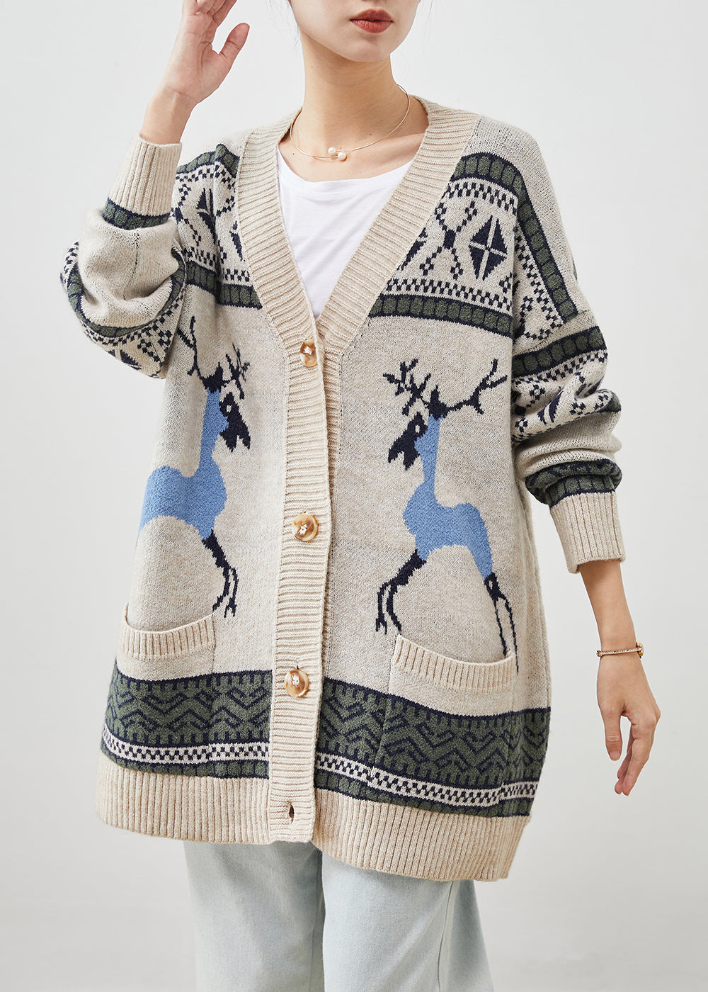 Khaki Oversized Print Knit Cardigans Winter