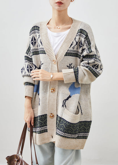 Khaki Oversized Print Knit Cardigans Winter