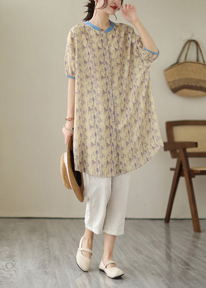 Khaki Oversized Print Linen Shirt Dress Summer