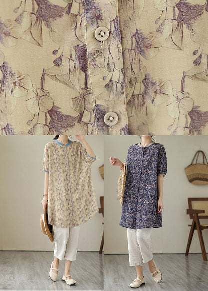 Khaki Oversized Print Linen Shirt Dress Summer