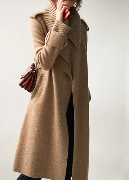 Khaki Peter Pan Collar Knit Patchwork Woolen Loose Cardigans Winter