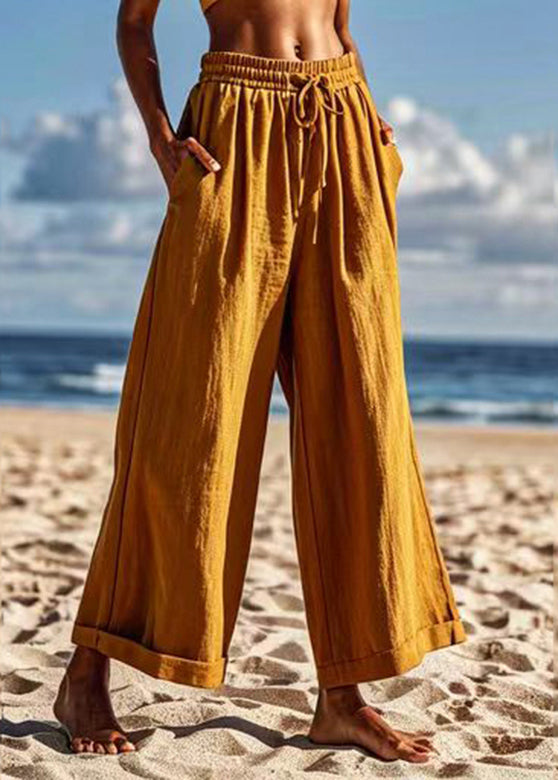 Khaki Pockets Patchwork Tie Waist Crop Pants