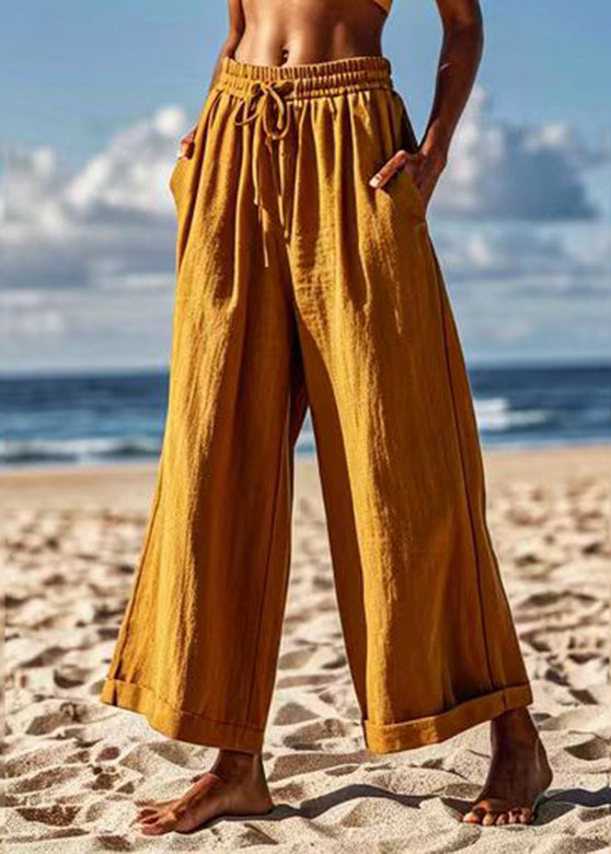 Khaki Pockets Patchwork Tie Waist Crop Pants