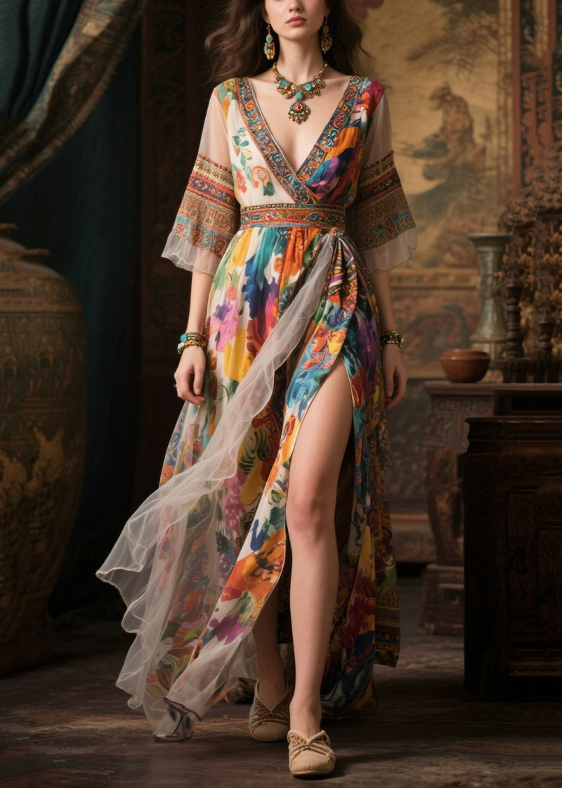 Khaki Print Exra Large Hem Chiffon Long Dresses Summer