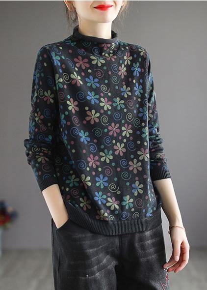 Khaki Print Sweater Tops High Neck Spring Knitwear