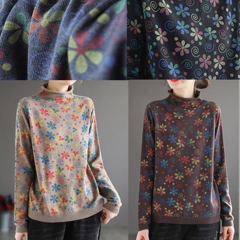 Khaki Print Sweater Tops High Neck Spring Knitwear
