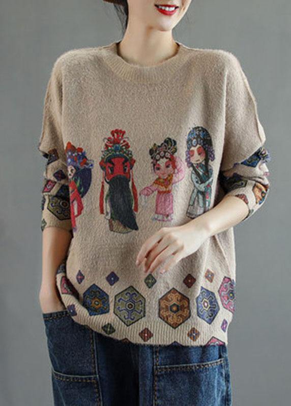 Khaki Retro Print Knitted Sweaters Top