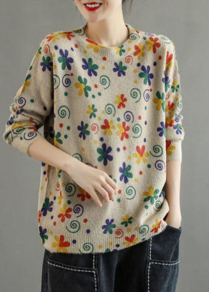 Khaki Retro Print Knitted Sweaters Top