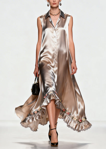 Khaki Ruffled Silk Robe Dresses Sleeveless