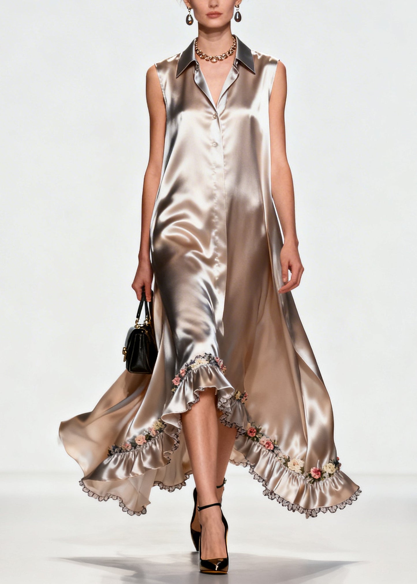 Khaki Ruffled Silk Robe Dresses Sleeveless