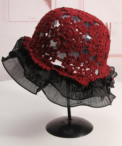 Khaki Ruffled Hollow Out Lace Patchwork Knit Bucket Hat