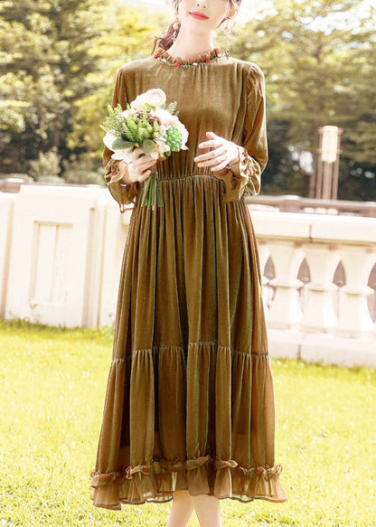 Khaki Ruffled Patchwork Exra Large Hem Silk Velour Dresses Spring