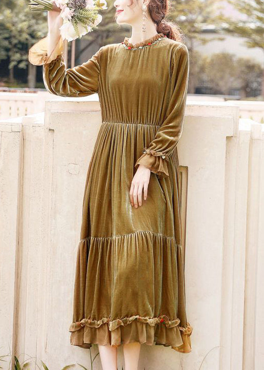 Khaki Ruffled Patchwork Exra Large Hem Silk Velour Dresses Spring