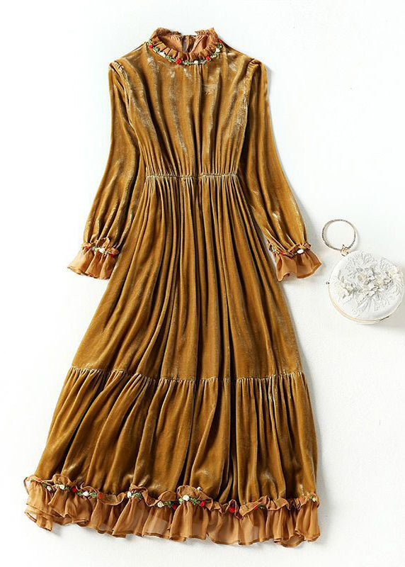 Khaki Ruffled Patchwork Exra Large Hem Silk Velour Dresses Spring