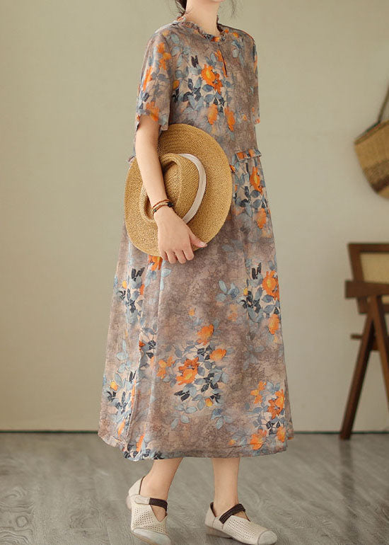 Khaki Ruffled Print Patchwork Cotton Dresses Summer