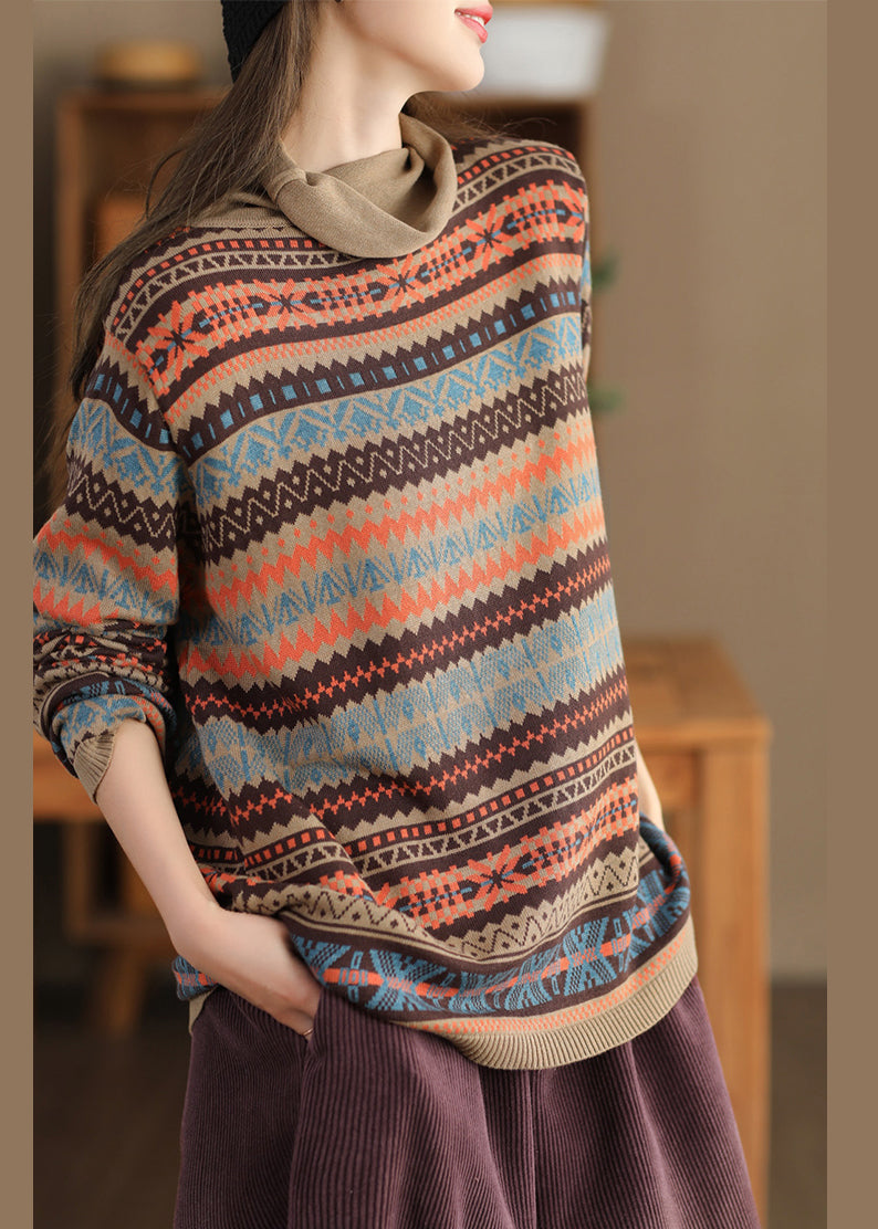 Khaki Turtle Neck Print Knit Sweaters Winter