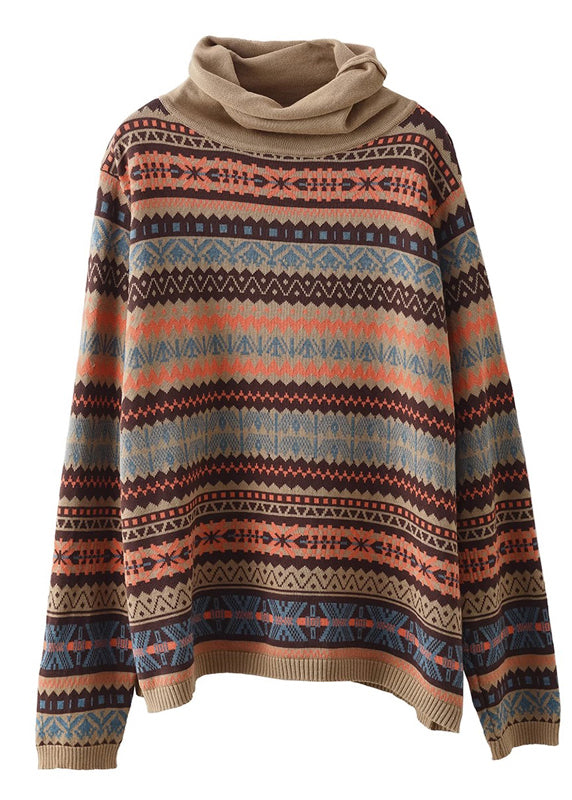 Khaki Turtle Neck Print Knit Sweaters Winter