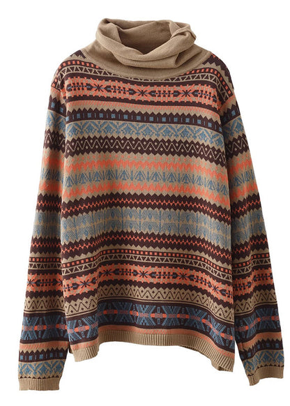 Khaki Turtle Neck Print Knit Sweaters Winter
