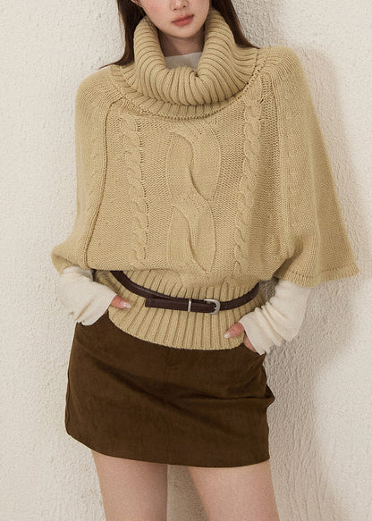 Khaki Turtle Neck Thick Knit Sweaters Batwing Sleeve