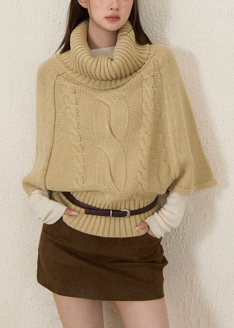 Khaki Turtle Neck Thick Knit Sweaters Batwing Sleeve