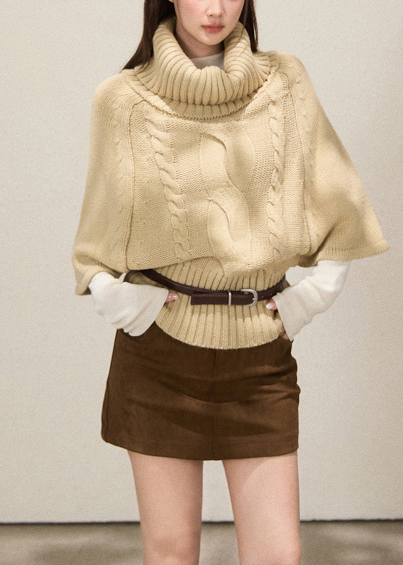 Khaki Turtle Neck Thick Knit Sweaters Batwing Sleeve