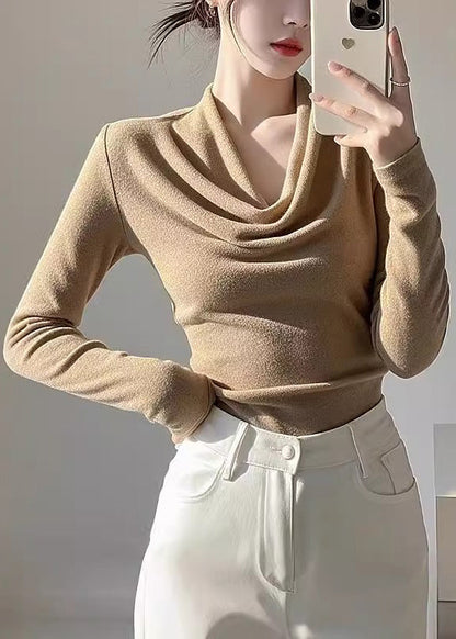 Khaki Turtle Neck Woolen Knit Top Spring